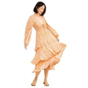 Free People Tried And True Boho Tiered Maxidress Yellow Multi Floral Print Sz: M
